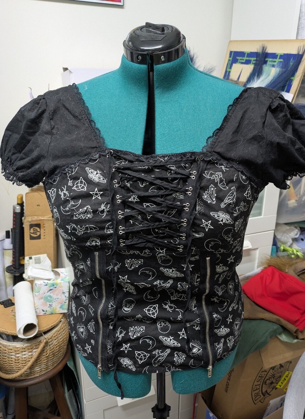 Hot Topic Black Gothic Lace-Up Corset Blouse with Occult Print